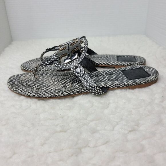 Tory Burch Miller 2 Pewter Metal Logo Beige Brown Snake Print - Picture 3 of 9